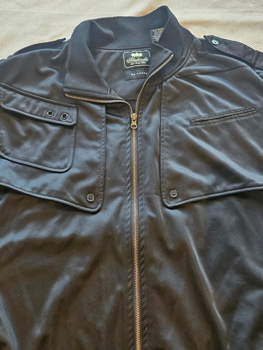Akademiks Black Moto Jacket Mens 2XL Gold Zipper, Snap Collar, Flap Pockets Y2K
